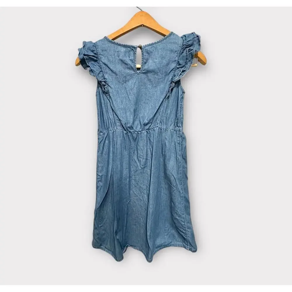 Old Navy Girls Chambray Dress Sleeveless Ruffle Med Wash Blue Knee Length Size M